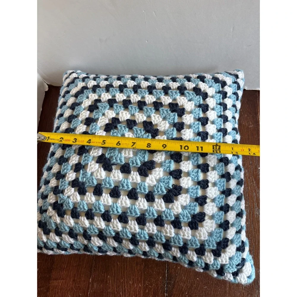 Handmade Crochet Granny Square Throw Pillow Blue White 14x14 Decorative Cushion
